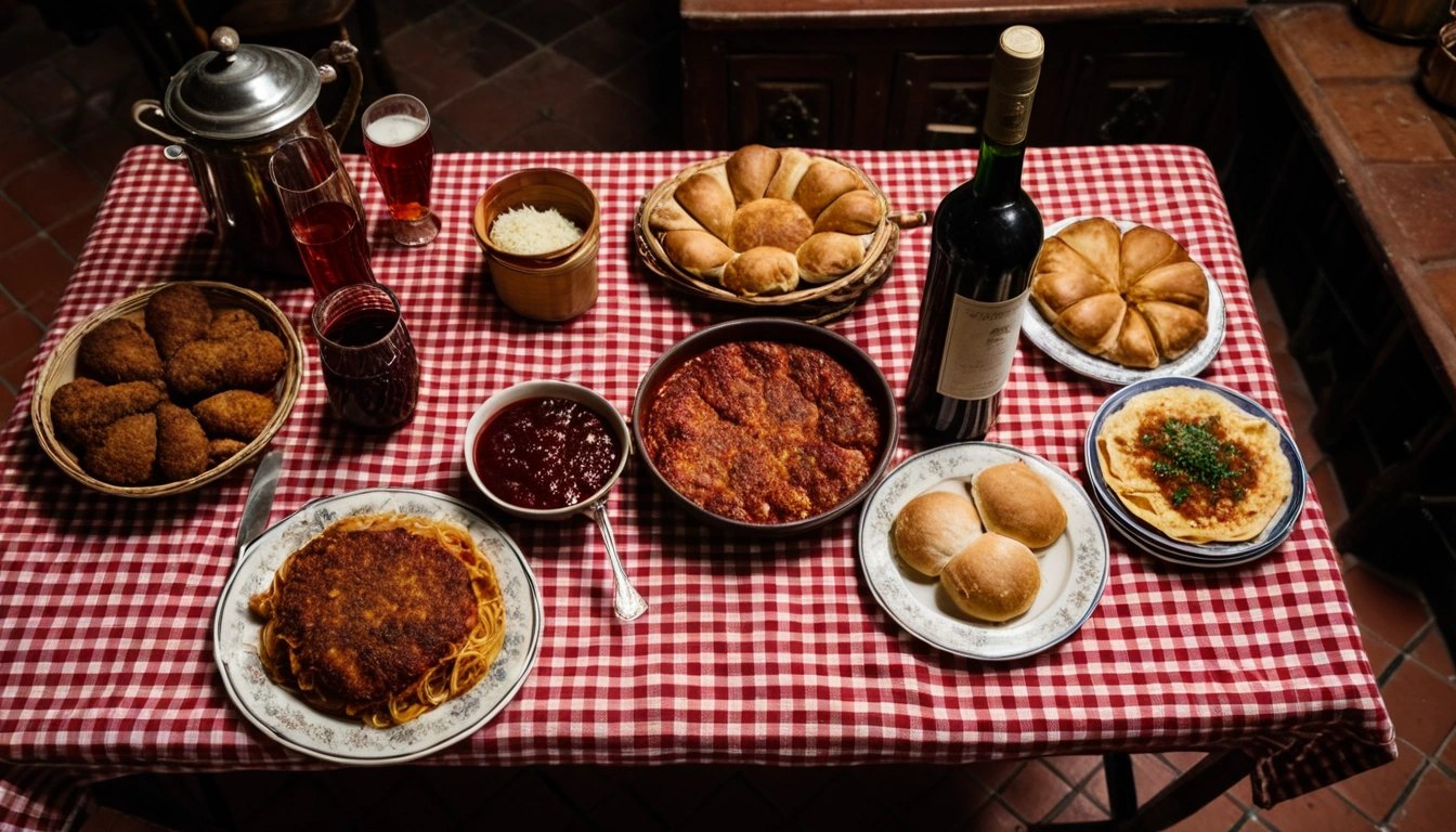 Mesa llena de platos del bodegón
