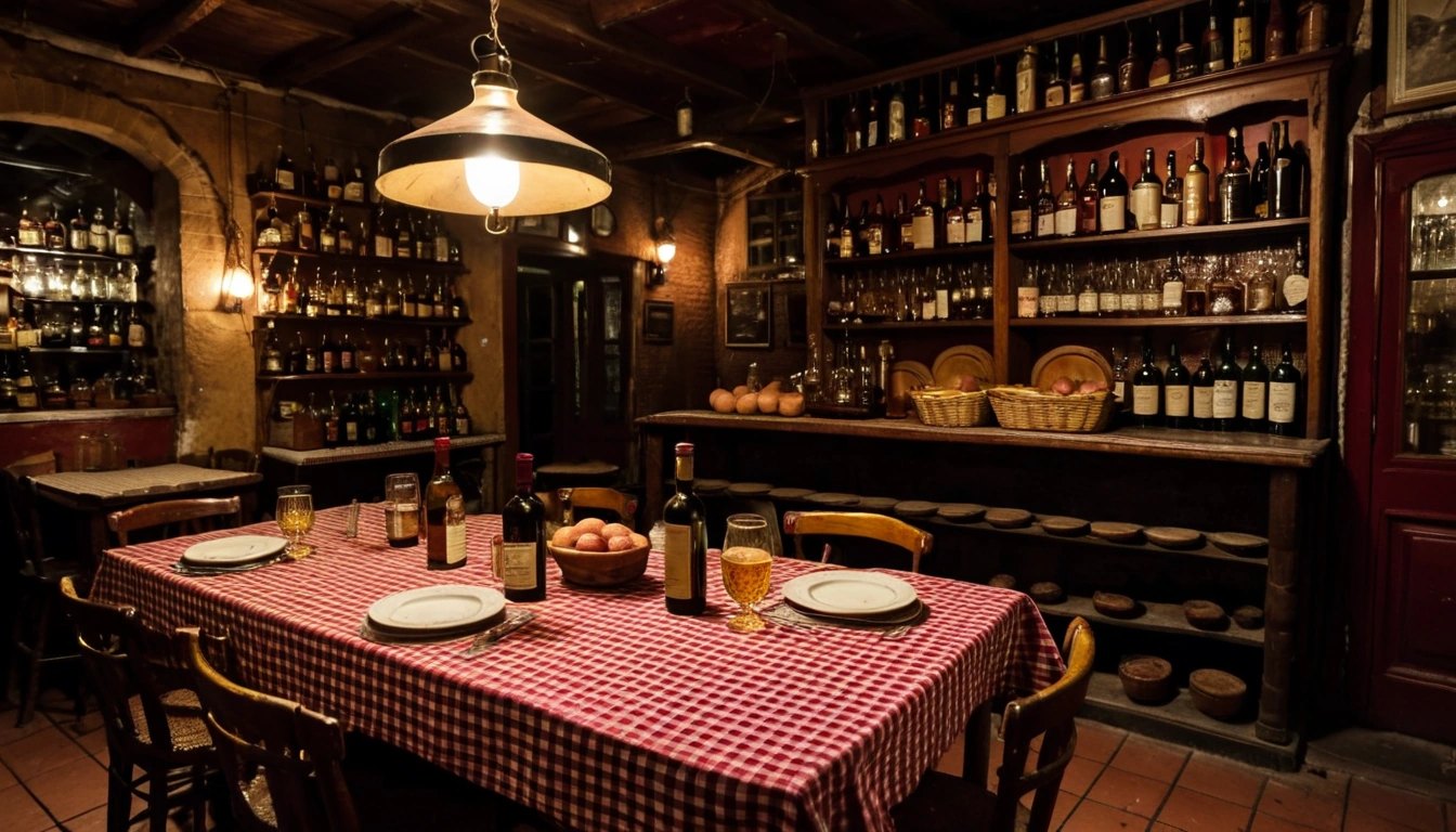 Salón del bodegón con manteles a cuadros