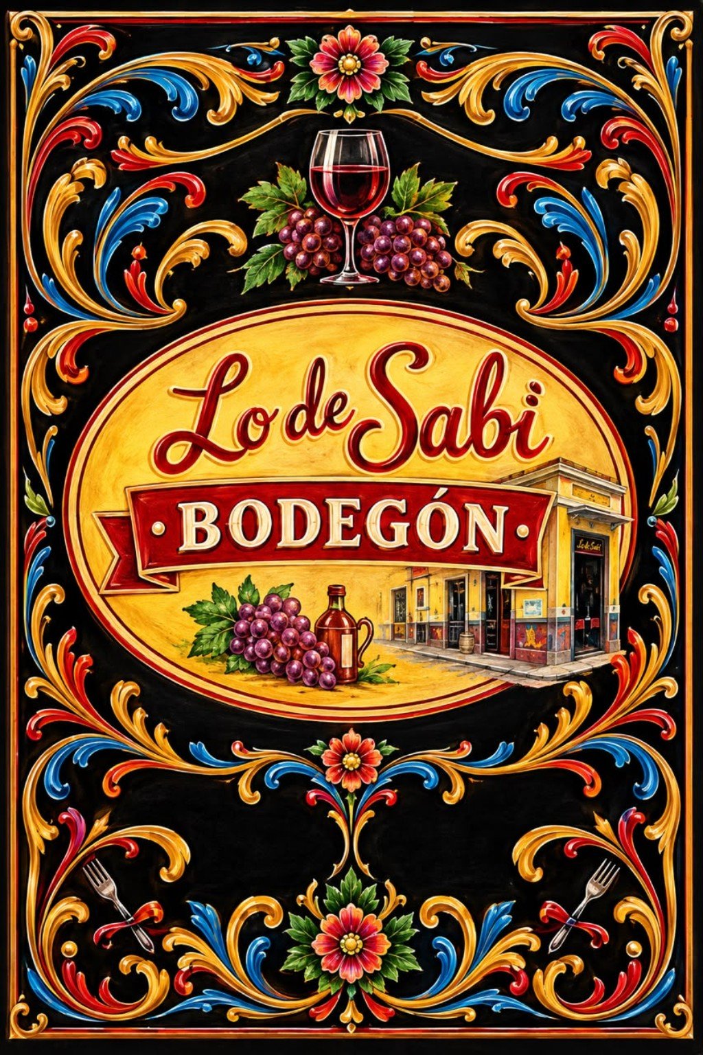 Cartel fileteado de Lo de Sabi Bodegón, con uvas, copa de vino y la esquina pintada